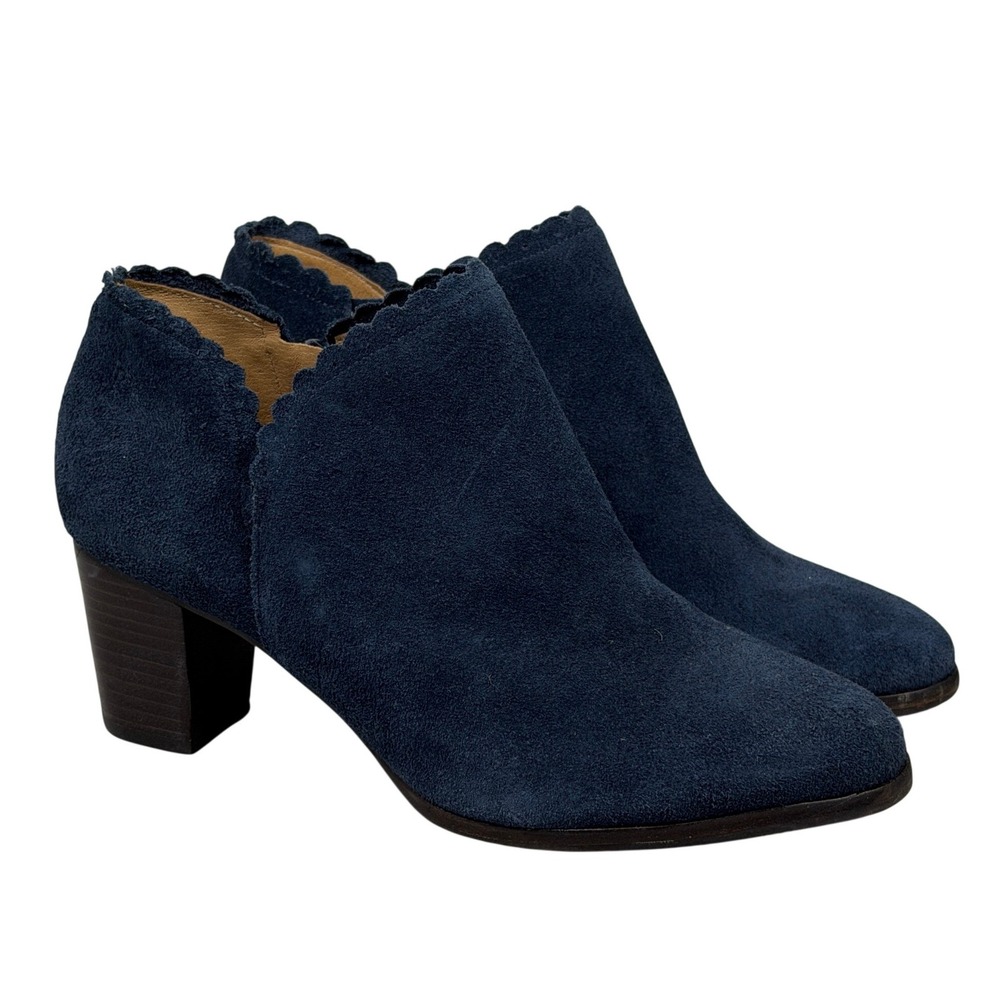Jack Rogers Navy‎ Blue Suede Scalloped Ankle Booties Block Heel Womens 7.5M